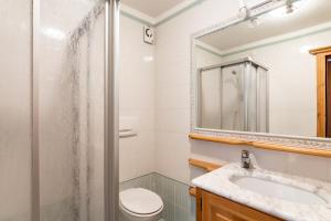 a bathroom with a shower and a toilet and a sink at Aurturist Appartement 185 in San Vigilio Di Marebbe