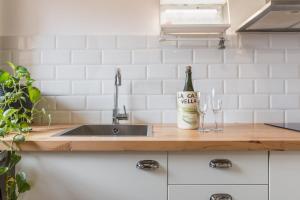 a kitchen counter with a sink and a bottle of wine at Apartament Montserrat in Piera