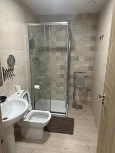 ein Bad mit einer Dusche, einem WC und einem Waschbecken in der Unterkunft HOTEL RURAL LOS FAROLES in Huérmeces