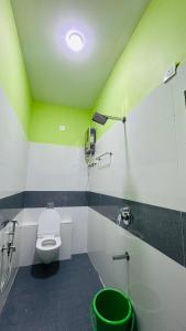 a bathroom with a toilet and a green ceiling at Supritha Homestay Hampi in Hampi
