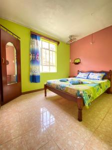 een slaapkamer met een bed met groene en roze muren bij La Rosedepine chez Mariani chez l'habitant in Rodrigues Island