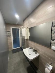 ein Bad mit einem Waschbecken und einem Spiegel in der Unterkunft Green Village Pensiune in Roşu
