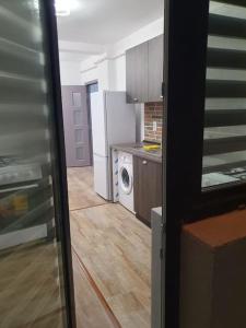 een keuken met een koelkast en een wasmachine bij SkyView Lofts-Enjoy the view in Preajba
