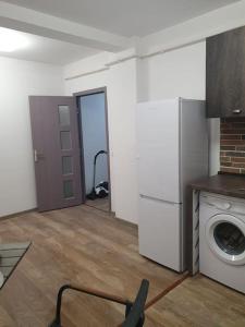 een kamer met een keuken en een wasmachine bij SkyView Lofts-Enjoy the view in Preajba