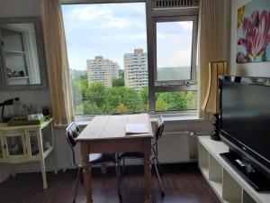 a dining room with a table and two windows at Sky Home Room 1 in Amsterdam