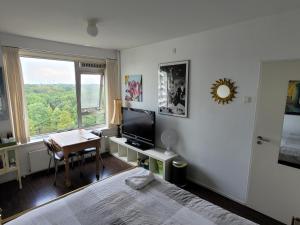 a bedroom with a bed and a desk and a television at Sky Home Room 1 in Amsterdam