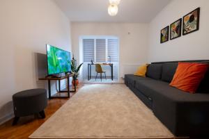een woonkamer met een bank en een flatscreen-tv bij Fortuna Apartments in Baia Mare