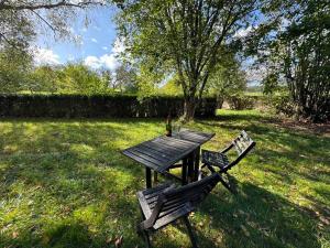 a picnic table and two chairs in the grass at Nature Cottage King Size Room without shower 