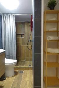 a bathroom with a shower and a toilet and a sink at You & Me Cozy Apartments in Athens