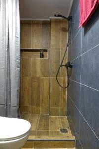 a bathroom with a shower with a toilet and a sink at You & Me Cozy Apartments in Athens