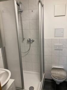 a bathroom with a shower with a toilet and a sink at Home- Alt-Winzerla in Jena