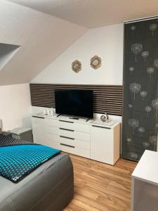 Schlafzimmer mit einem Bett und einem Flachbild-TV in der Unterkunft Home- Alt-Winzerla in Jena