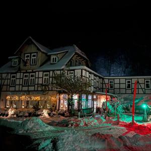a large building with christmas lights in front of it at Hotel Zur Luppbode in Treseburg