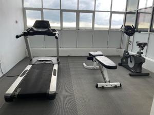 a gym with a treadmill and two exercise bikes at Spectacular Sea View 3 Bedrooms Apartment in Colombo