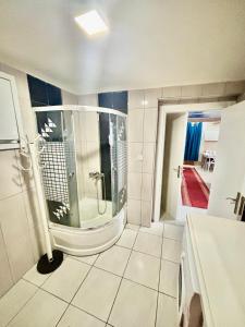 ein Bad mit einer Dusche und einem Waschbecken in der Unterkunft İmmortal Hotel İstanbul in Istanbul