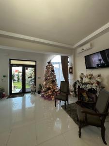 Un árbol de Navidad en medio de una sala de estar en Pensiunea Casa Simoni, en Ploieşti