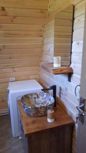 bagno con lavandino e lavatrice di Cabana Armonia Naturii a Avrig