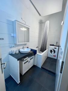 een badkamer met een wastafel en een wasmachine bij Alte Backstube - Kaiserslautern in Kaiserslautern