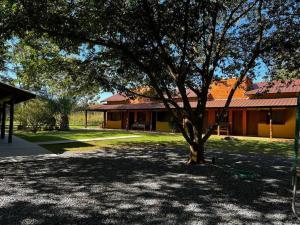 a tree in a yard in front of a building at Rancho Jatobá in Bonito