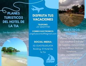 a flyer for a resort on the beach at El Hotel De La Tía in San Bernardo del Viento