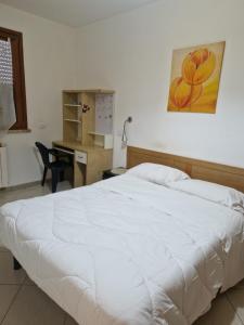 een slaapkamer met een wit bed, een bureau en een stoel bij Affitto bilocale Pomezia in Pomezia