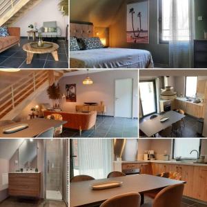 eine Collage mit Fotos von einem Schlafzimmer und einem Wohnzimmer in der Unterkunft Le Vertigo proche centre histo avec 2 parkings in Sarlat-la-Canéda