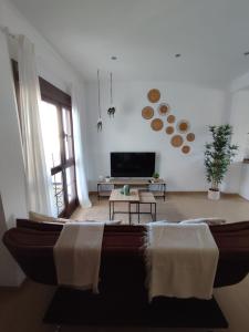 uma sala de estar com um sofá e uma televisão em VISTA ALMIJARA em Frigiliana