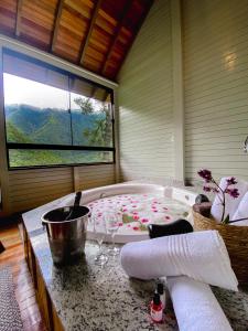 a bathroom with a bath tub with a window at Pousada Bugio da Serra in Novo Horizonte