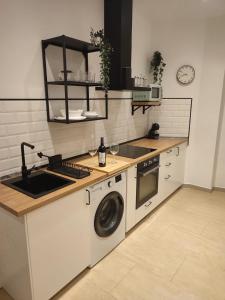 uma cozinha com uma máquina de lavar roupa e um lavatório em VISTA ALMIJARA em Frigiliana