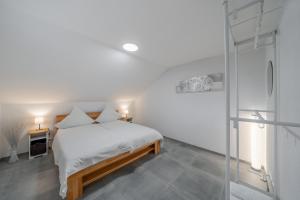 ラインハウゼンにあるLa Piazza-Rheinhausenのベッドルーム1室(ベッド1台、ガラス張りのシャワー付)
