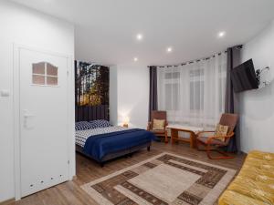 1 dormitorio con 1 cama, mesa y sillas en Ognisko Dom Wypoczynkowy, en Wisła