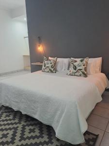 um quarto com uma grande cama branca com almofadas em 2 On Greeff em Graaff-Reinet
