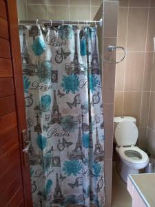 a bathroom with a shower curtain with the eiffel tower at Hôtel Saïfee International in Toliara