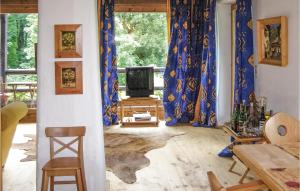 a living room with blue curtains and a tv at Amazing Home In Kitzbhel With 5 Bedrooms, Sauna And Internet in Haselwand