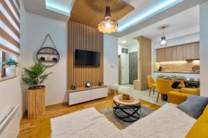 ズラティボールにあるApartman Martinovicのソファとテレビのあるリビングルーム