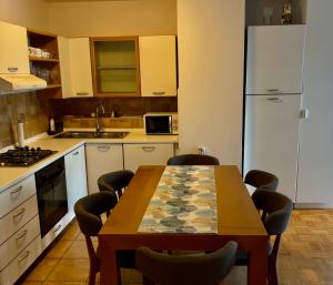 La cuisine est équipée d'une table, de chaises et d'un réfrigérateur. dans l'établissement Udoban stan u centru, à Zagreb