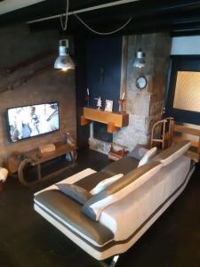 a living room with a large bed and a tv at Le petit coin de Montagne in Saint-Lary-Soulan