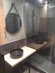 uma casa de banho com um lavatório e um espelho em Le petit coin de Montagne em Saint-Lary-Soulan
