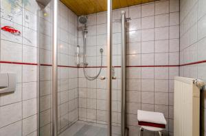 La salle de bains est pourvue d'une douche avec une porte en verre. dans l'établissement Schwarzwald Nescht Triberg, à Triberg