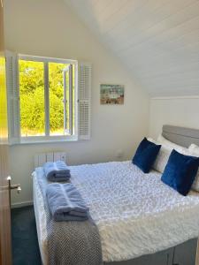 a bedroom with a bed with blue pillows and a window at Nola Lodge in Cirencester