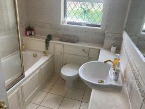 a white bathroom with a toilet and a sink at Bluebelle in Bray