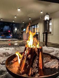 een vuur in een metalen vuurplaats met vlammen bij Hotel Gasthof Stieglers 
