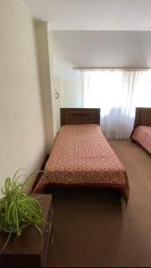 1 dormitorio con 1 cama en una habitación con ventana en Центр отдыха Оруу-Сай, en Alamedin