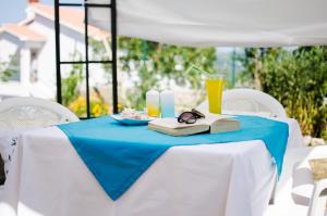 une table avec une nappe bleue et des verres dessus dans l'établissement Studio apartment Stella, à Labin