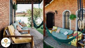 duas fotos de um alpendre com uma rede de descanso em Golden Garden Hostel em Ubatuba