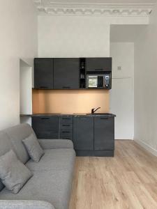 ein Wohnzimmer mit einem Sofa und einer Küche in der Unterkunft Studio Montorgueil in Paris