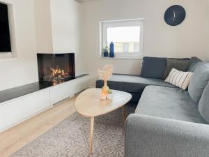a living room with a couch and a fireplace at My Baltic Sea - Ferienwohnungen im Seaside House in Scharbeutz