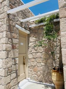 a stone house with a potted plant next to a door at Milo Milo Suites in Mandrakia