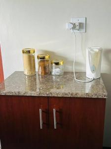 a counter with a blender on top of it at Cozy Farm 3BDRM 8 km ThabaBosiu in Maseru