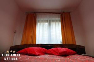 a bed with two red pillows in front of a window at Mariuca Apartament in Buşteni